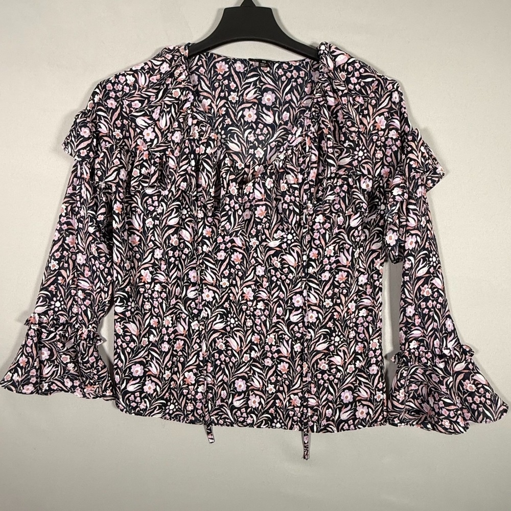 J Crew Blouse Women's XS Ruffel Multi Color Lightweight Long Sleeve Floral Lined